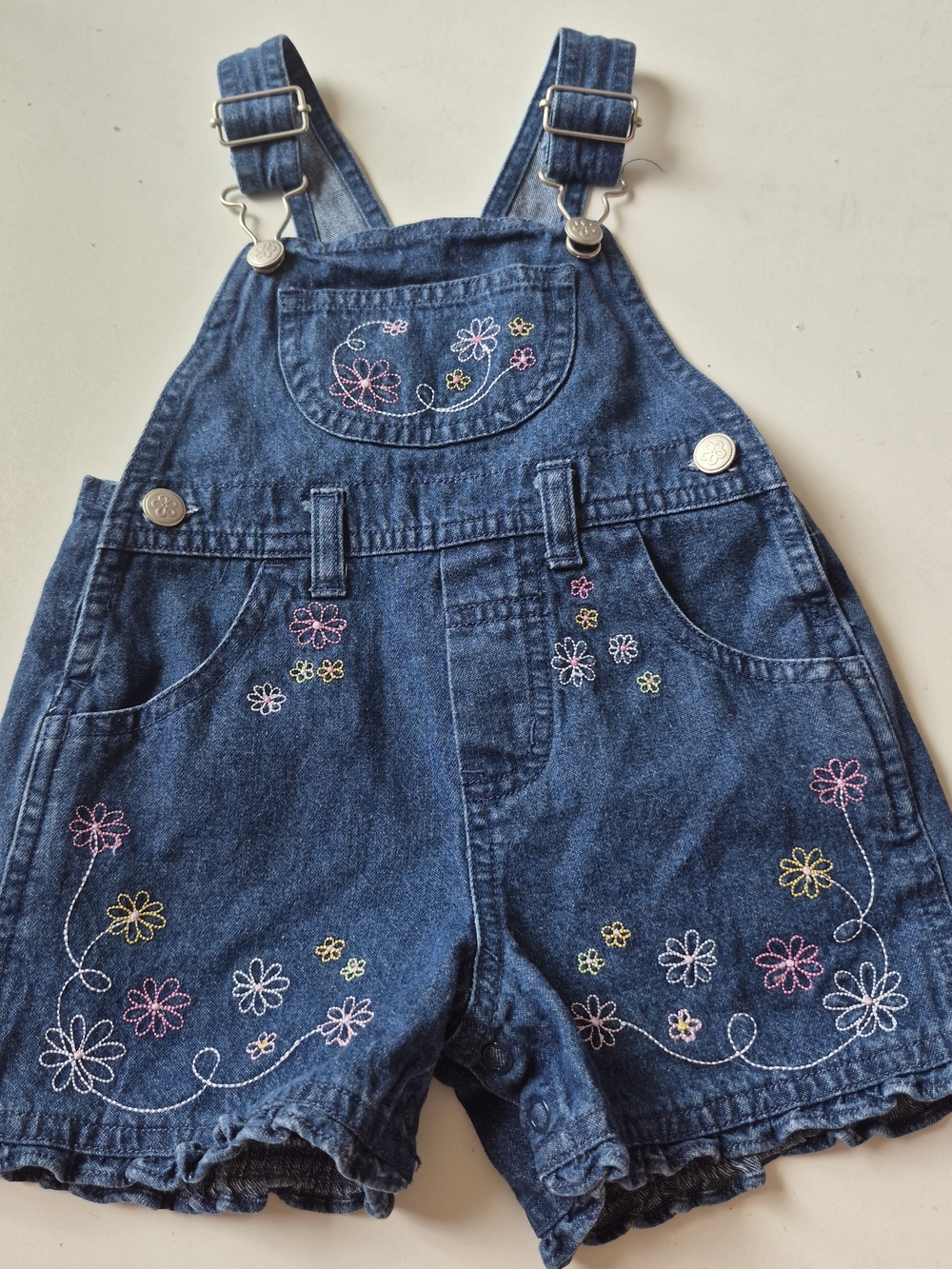 miniwear Blue Denim Floral Embroidered Short Overalls
